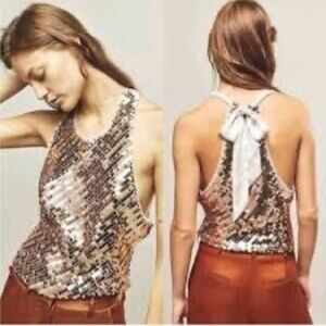 FREE PEOPLE ROSE GOLD SEQUIN BACKLESS DRESSY TANK TOP FOR LAYERING OR ALONE!❤️